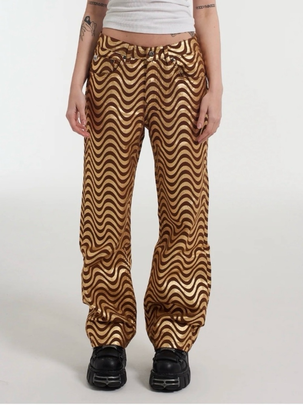 Urban Outfitters x Ragged Priest Brown/Metallic Gold Glitter Wave Jeans 36